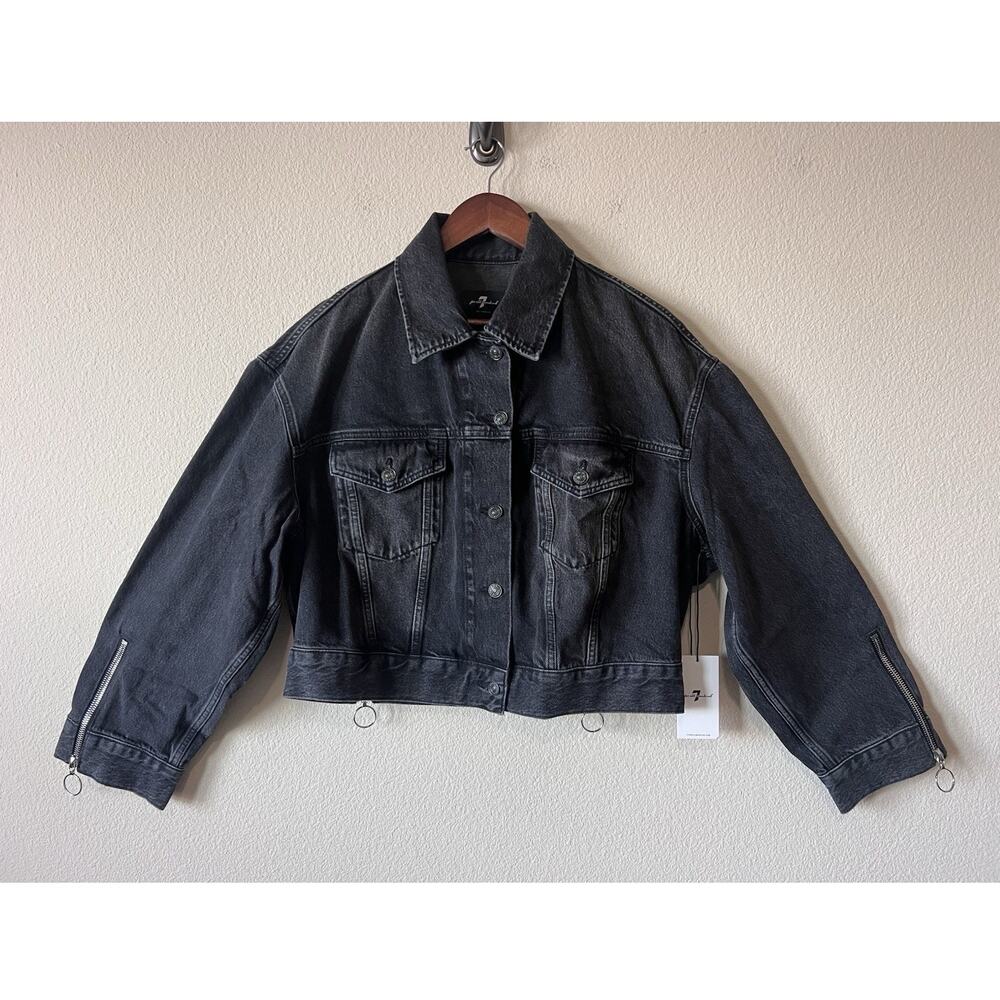 7 For All Mankind M Cropped Black Denim Jacket Zip Detail Luxury $398 - Picture 4 of 11